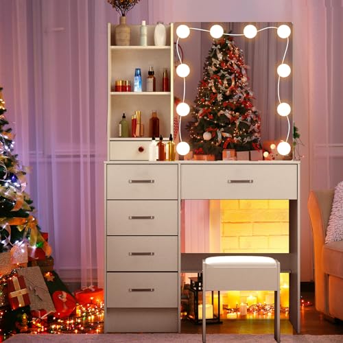 Dradaomull Schminktisch mit Spiegel und 10 LED-Leuchten, Schminkkommode mit 6 Schubladen und 3 offenen Fächern, 3 einstellbare Beleuchtungsstärken (Weiß) von Dradaomull