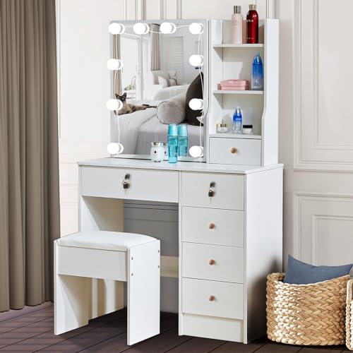 Dradaomull Schminktisch mit Verstellbaren LED-Beleuchtung, Schminktisch mit Spiegel, Vanity Table für Modern Schlafzimmer Weiß - 131x80x36 cm (06) von Dradaomull