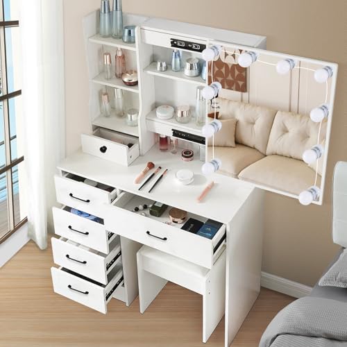 Dradaomull Schminktisch mit Verstellbaren LED-Beleuchtung, Schminktisch mit Spiegel, Vanity Table für Modern Schlafzimmer Weiß - 131x80x36cm (56) von Dradaomull