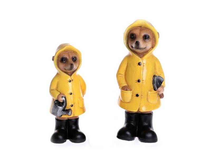 Dragimex Gartenfigur Erdmännchen stehend im Regenmantel einzeln oder im Set von Dragimex