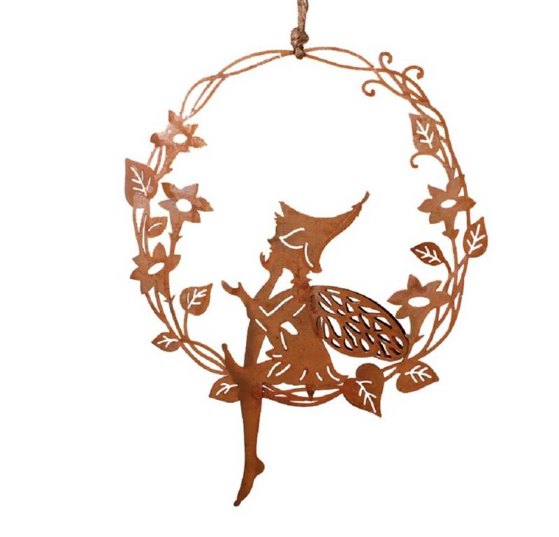 Dragimex Hängedekoration Metall Hänger. ELFE im Kranz. Rost. 26 cm. Edelrost Fee Metallhänger. von Dragimex