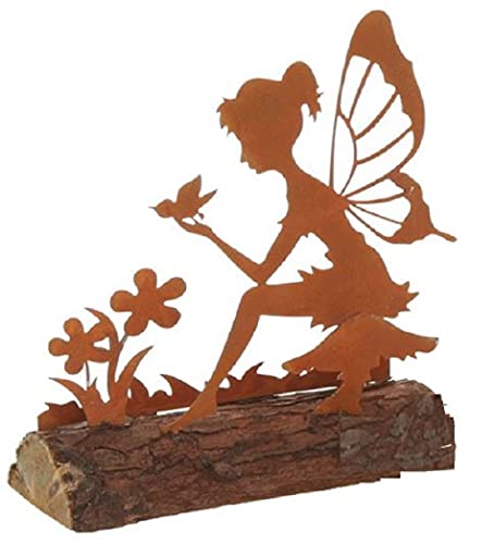dekorative Bezaubernde Elfe mit Vögelchen und Blümchen sitzend auf Holzstamm (groß ca. 15 x 5 x 17 cm hoch) von Dragimex
