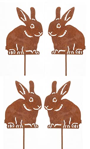 Dragimex dekorativer Deko-Stecker Garten-Stecker Blumen-Pick Hase Mümmel Metall edelrost Preis für 4 Stück, Braun, ca. 7 x 10 x 34 cm inkl. Stecker lang von Dragimex