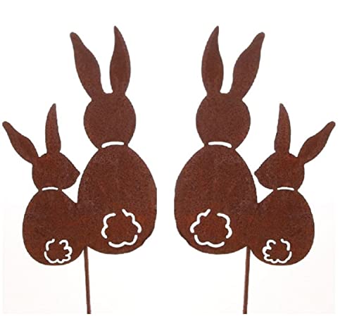 Dragimex dekorativer Gartenstecker Oster-Deko-Stecker Osterhase Hasenpaar Metall edelrostig Preis für 2 Stück, Braun, ca. 12,5 x 20 mit Stab ca. 78 cm lang von Dragimex