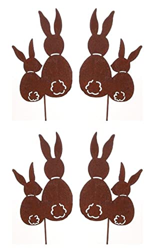 Dragimex dekorativer Gartenstecker Oster-Deko-Stecker Osterhase Hasenpaar Metall edelrostig Preis für 4 Stück, Braun, ca. 8,5 x 14,5 cm hoch, Stecker 58 cm lang von Dragimex