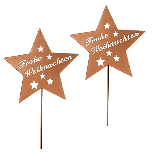 Dragimex weihnachtlicher Garten-Stecker Stern Frohe Weihnachten Metall rostfarben mit etwas Goldglitzer im 2-er Set (2 x groß) von Dragimex