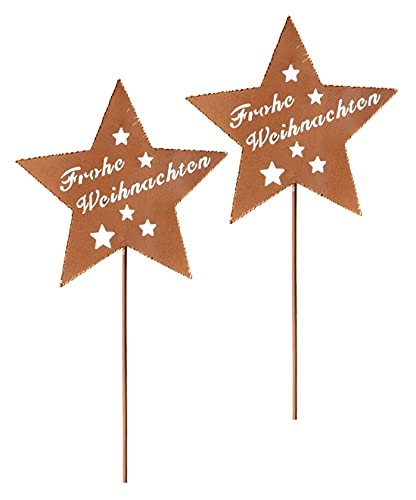 Dragimex weihnachtlicher Garten-Stecker Stern Frohe Weihnachten Metall rostfarben mit etwas Goldglitzer im 2-er Set (2 x mittel) von Dragimex