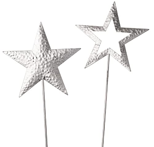 Dragimex weihnachtlicher stimmungsvoller Deko-Stecker Garten-Stecker Stern Metall Silber matt-glänzend gehämmert Preis für 2 Stück, ca. 14 x 57 cm lang von Dragimex