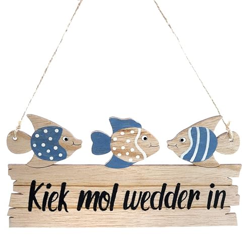 Schild 'Kiek MOL Wedder in' Natur/Creme/blau, Sperrholz, ca. 22 x 10 cm H mit Fischen von Dragimex