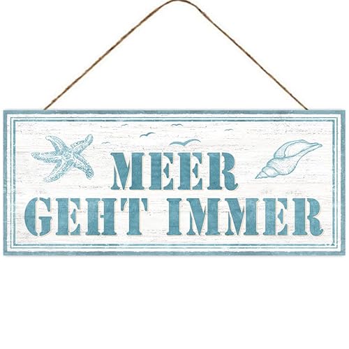 Schild 'Meer geht Immer', blau/weiß, Muschel/Seestern, ca. 30,5 x 13 cm H Metall mit Jutehänger von Dragimex