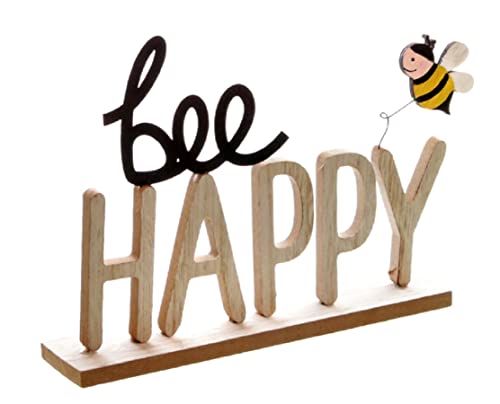 dekorativer fröhlicher Schriftzug Bee Happy mit niedlicher Biene aus Holz in schwarz Natur gelb von Dragimex