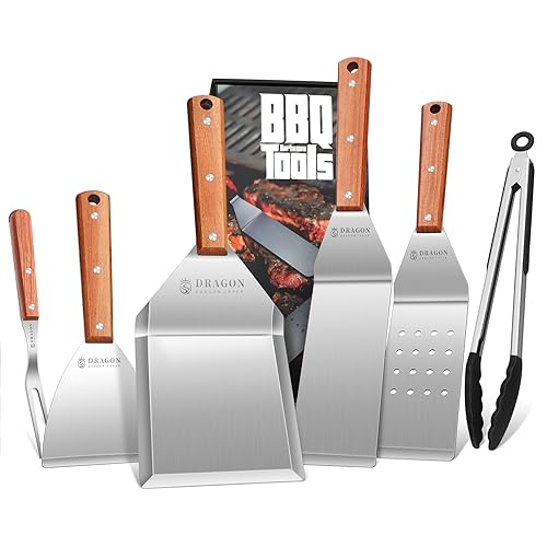 Dragon Creek Grillbesteckset, Edelstahl Grill Zubehör 6 Stücke Top Grillspachtel Set, Profi BBQ Zubehör Grillwender mit Tragetasche, Ideal für Grillen Teppanyaki Grill Geschenke für Männer von Dragon Creek