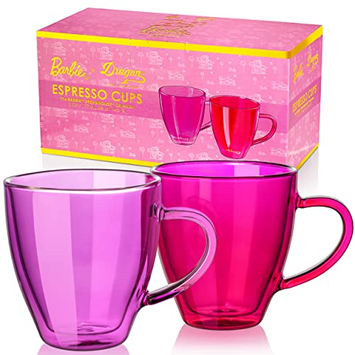 BarbiexDragon Glaswaren Espressotassen, Barbie Dreamhouse Collection, rosa und magentafarbene Gläser, doppelwandige, isolierte Kaffeetassen, 170 ml Fassungsvermögen, 2 Stück von Dragon Glassware