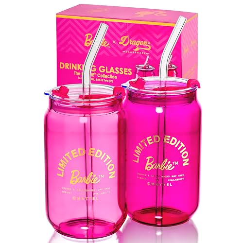 Dragon Glassware Barbie-Trinkgläser, rosa und magenta, Dosenform, perfekt für Eiskaffee, Smoothies, Cocktails, mit abnehmbaren Deckeln und Glasstrohhalmen, 473 ml Fassungsvermögen, 2 Stück von Dragon Glassware