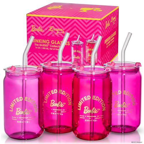 Dragon Glassware Barbie-Trinkgläser, rosa und magenta, Dosenform, perfekt für Eiskaffee, Smoothies, Cocktails, mit abnehmbaren Deckeln und Glasstrohhalmen, 473 ml Fassungsvermögen, 4 Stück von Dragon Glassware