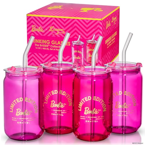 Dragon Glassware Barbie Trinkgläser – Rosa und Magenta – 473 ml Dosenförmige Glasbecher mit Deckel und Strohhalmen, 4 Stück, Eiskaffeetassen mit Deckel, Glasbecher mit Strohhalm und Deckel von Dragon Glassware