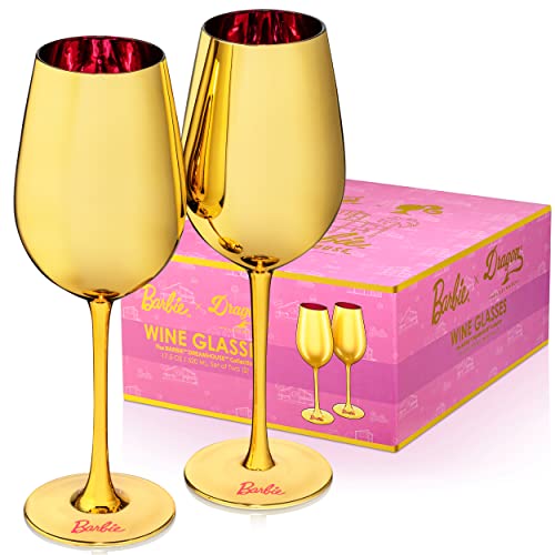 Dragon Glassware Barbie-Weingläser, Dreamhouse-Kollektion, wie in Barbie The Movie gesehen, Gold mit rosa Kristallglas, 500 ml Fassungsvermögen, 2 Stück von Dragon Glassware