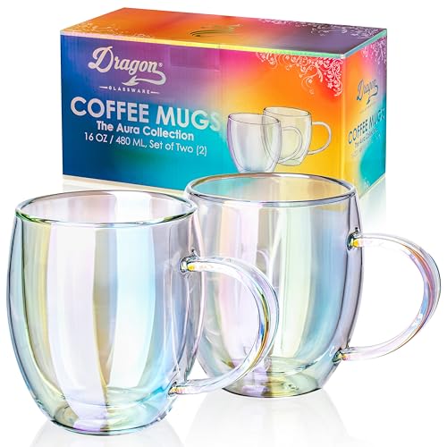 Dragon Glassware Doppelwandige schillernde Kaffeetassen aus Glas, halten Getränke länger heiß oder kalt, Fassungsvermögen 400 ml, 2 Stück von Dragon Glassware