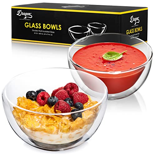Dragon Glassware Müsli- und Suppenschalen, isolierendes doppelwandiges Glas, hält Lebensmittel heiß und kalt und fühlt sich sicher an, 652 ml, 2 Stück von Dragon Glassware
