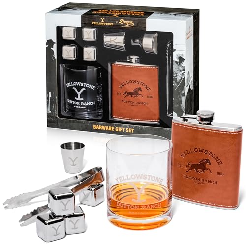 Dragon Glassware Yellowstone Barzubehör-Geschenk-Set, 4-teilig, enthält ein Yellowstone-Schnapsglas, Lederflasche, Kühlsteine und Trinkglas von Dragon Glassware