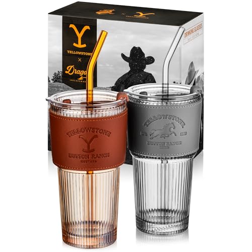 Dragon Glassware Yellowstone Trinkgläser, 473 ml, Glasbecher mit Deckel und Strohhalmen, 2 Stück, Yellowstone-Becher-Set mit Strohhalmen und Deckeln, wiederverwendbarer Trinkbecher Dragon Glassware Yellowstone Trinkgläser, 473 ml, Glasbecher mit Deckel und Strohhalmen, 2 Stück, Yellowstone-Becher-Set mit Strohhalmen und Deckeln, wiederverwendbarer Trinkbecher von Dragon Glassware