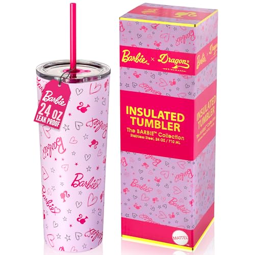 Dragon Glassware Barbie Tumbler, vakuumisolierte Edelstahl-Wasserflasche, kommt mit Deckel und zwei Strohhalmen, passt in Becherhalter, für Wasser, Eistee oder Kaffee, Love Out Loud, 680 ml von Dragon Glassware