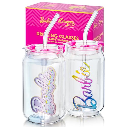 Dragon Glassware x Barbie – Glasbecher mit Deckel und Strohhalmen, 473 ml, 2er-Set, Eiskaffeetassen mit Deckel, vielseitiger Glasbecher mit Strohhalm und Deckel für heiße oder kalte Getränke, Aura von Dragon Glassware
