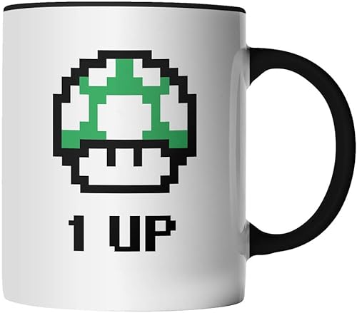 DragonHive Tasse - 1-Up Mario Pilz Super Mario - beidseitig Bedruckt - Geschenk Idee Kaffeetasse mit Spruch, Keramik 330ml, Tassenfarbe: Schwarz von DragonHive