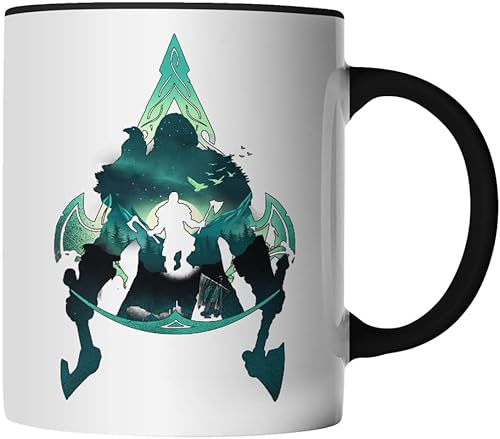 DragonHive Tasse - Assassin Valhalla Viking Gaming Gamer fun Motiv - beidseitig Bedruckt - Geschenk Idee Kaffeetasse mit Spruch, Keramik 330ml, Tassenfarbe: Schwarz von DragonHive