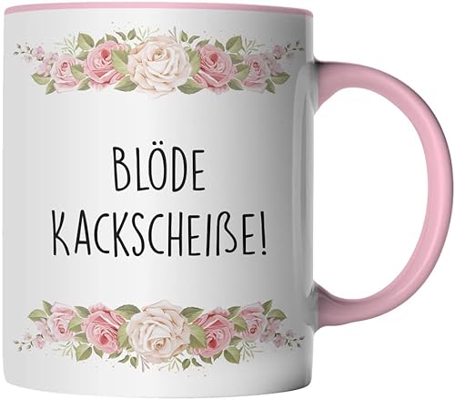 DragonHive Tasse - Blöde Kackscheiße - Geschenk Idee Kaffeetasse mit lustig Spruch und Blumen, Keramik 330ml, Tassenfarbe: Rosa von DragonHive