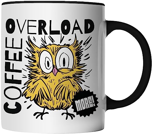 DragonHive Tasse Coffee overlad Eule Büro - beidseitig Bedruckt - lustige Geschenk-Idee Kaffeetasse mit Spruch Keramik 330ml Farbe: Schwarz von DragonHive