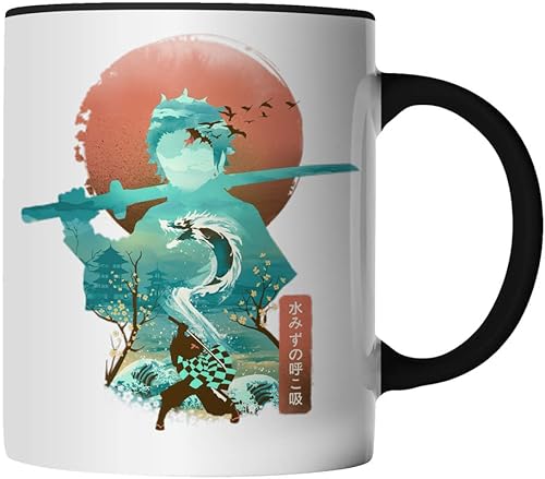 DragonHive Tasse - Demon Slayer Tanjiro Kamado Water Anime - beidseitig Bedruckt - Geschenk Idee Kaffeetasse mit Spruch, Keramik 330ml, Tassenfarbe: Schwarz von DragonHive