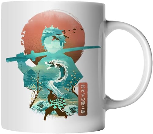 DragonHive Tasse - Demon Slayer Tanjiro Kamado Water Anime - beidseitig Bedruckt - Geschenk Idee Kaffeetasse mit Spruch, Keramik 330ml, Tassenfarbe: Weiß von DragonHive