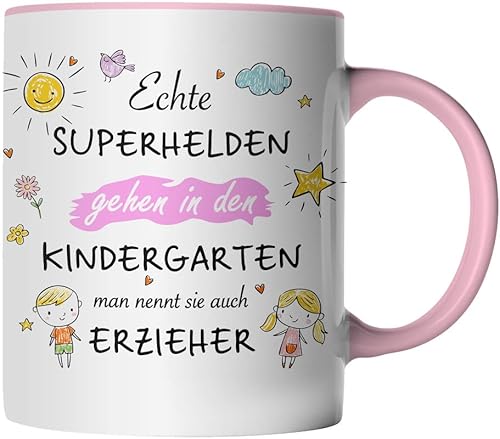 DragonHive Tasse - Echte Superhelden gehen in den Kindergarten man nennt sie auch Erzieher lustig - beidseitig Bedruckt - Geschenk Idee Kaffeetasse mit Spruch, Keramik 330ml, Tassenfarbe: Rosa von DragonHive