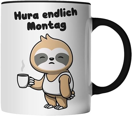 DragonHive Tasse - Endlich Montag Sarkastische Büro Kaffeetasse mit Faultier Sloth - beidseitig Bedruckt - Geschenk Idee Kaffeetasse mit Spruch, Keramik 330ml, Tassenfarbe: Schwarz von DragonHive