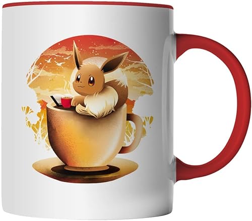 DragonHive Tasse - Evoli Anime - beidseitig Bedruckt - Geschenk Idee Kaffeetasse mit Spruch, Keramik 330ml, Tassenfarbe: Rot von DragonHive