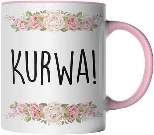 DragonHive Tasse - Kurwa - Geschenk Idee Kaffeetasse mit lustig Spruch und Blumen, Keramik 330ml, Tassenfarbe: Rosa von DragonHive