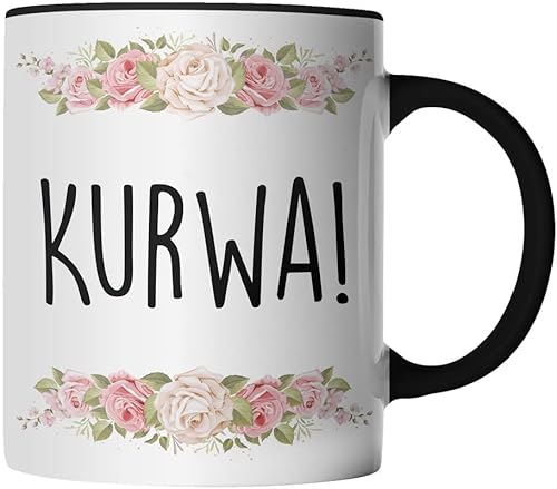 DragonHive Tasse - Kurwa - Geschenk Idee Kaffeetasse mit lustig Spruch und Blumen, Keramik 330ml, Tassenfarbe: Schwarz von DragonHive