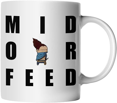 DragonHive Tasse - LoL Mid or Feed Yasuo - beidseitig Bedruckt - Geschenk Idee Kaffeetasse mit Spruch, Keramik 330ml, Tassenfarbe: Weiß von DragonHive