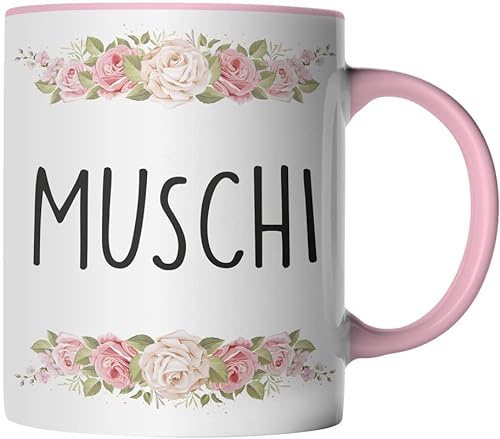 DragonHive Tasse - Muschi - Geschenk Idee Kaffeetasse mit lustig Spruch und Blumen, Keramik 330ml, Tassenfarbe: Rosa von DragonHive
