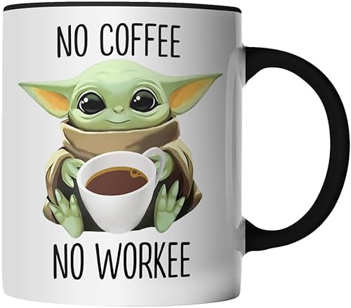 DragonHive Tasse - No Coffee No Workee Ohne Kaffee keine Arbeit - beidseitig Bedruckt - Geschenk Idee Kaffeetasse mit Spruch, Keramik 330ml, Tassenfarbe: Schwarz von DragonHive