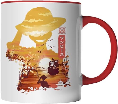 DragonHive Tasse - One Piece Monkey D. Ruffy Anime Manga - beidseitig Bedruckt - Geschenk Idee Kaffeetasse mit Spruch, Keramik 330ml, Tassenfarbe: Rot von DragonHive