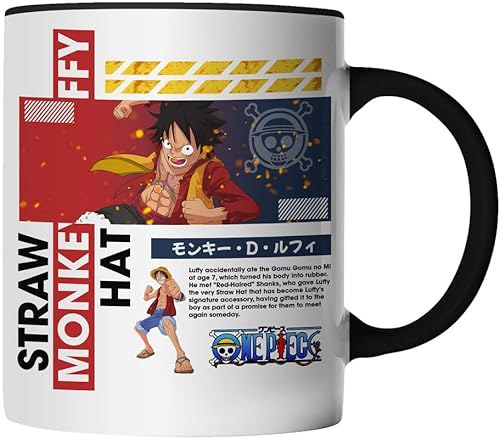 DragonHive Tasse - One Piece Mug Motiv 12 für Anime Manga Fans Motiv Monkey D Luffy Ruffy - beidseitig Bedruckt - Geschenk Idee Kaffeetasse mit Spruch, Keramik 330ml, Tassenfarbe: Schwarz von DragonHive