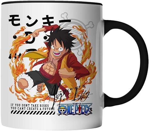 DragonHive Tasse - One Piece Mug Motiv 16 für Anime Manga Fans Motiv Monkey D Luffy Ruffy - beidseitig Bedruckt - Geschenk Idee Kaffeetasse mit Spruch, Keramik 330ml, Tassenfarbe: Schwarz von DragonHive