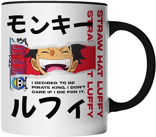DragonHive Tasse - One Piece Mug Motiv 5 für Anime Manga Fans Motiv Monkey D Luffy Ruffy - beidseitig Bedruckt - Geschenk Idee Kaffeetasse mit Spruch, Keramik 330ml, Tassenfarbe: Schwarz von DragonHive