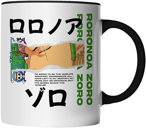 DragonHive Tasse - One Piece Mug Motiv 6 für Anime Manga Fans Motiv Roronoa Zoro - beidseitig Bedruckt - Geschenk Idee Kaffeetasse mit Spruch, Keramik 330ml, Tassenfarbe: Schwarz von DragonHive