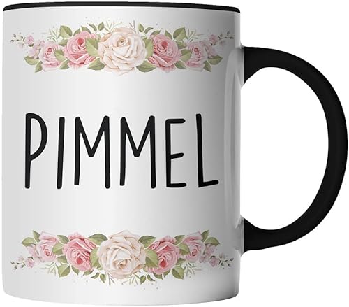 DragonHive Tasse - Pimmel - Geschenk Idee Kaffeetasse mit lustig Spruch und Blumen, Keramik 330ml, Tassenfarbe: Schwarz von DragonHive