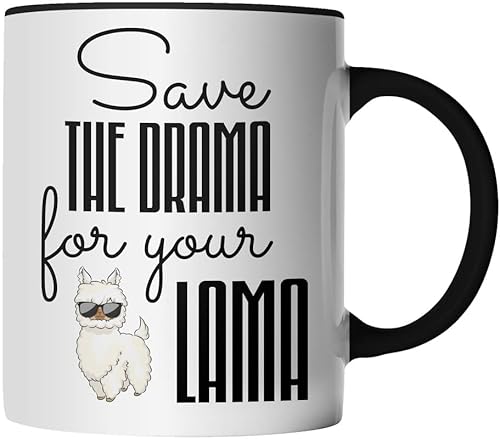 DragonHive Tasse - Save the Drama for your Lama Tier Motiv - Geschenk Idee Kaffeetasse mit Spruch, Keramik 330ml, Tassenfarbe: Schwarz von DragonHive