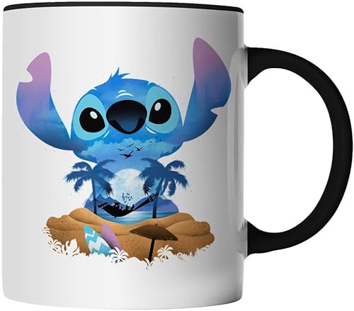 DragonHive Tasse - Stitch Alien Cartoon Lilo - beidseitig Bedruckt - Geschenk Idee Kaffeetasse mit Spruch, Keramik 330ml, Tassenfarbe: Schwarz von DragonHive