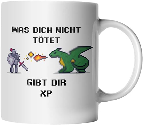 DragonHive Tasse - Was dich nicht tötet gibt EXP Fun Gaming - beidseitig Bedruckt - Geschenk Idee Kaffeetasse mit Spruch, Keramik 330ml, Tassenfarbe: Weiß von DragonHive